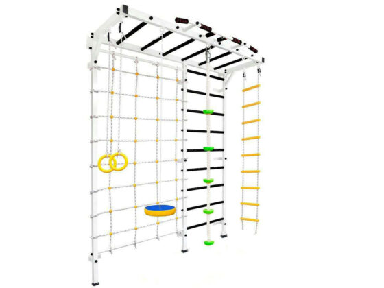 Шведская стенка PR-4 с рукоходом, турником, кольцами, канатом с упорами, тарзанкой, верёвочной лестницей, и сеткой (Цвет: Белый, Ступени: Черные)
